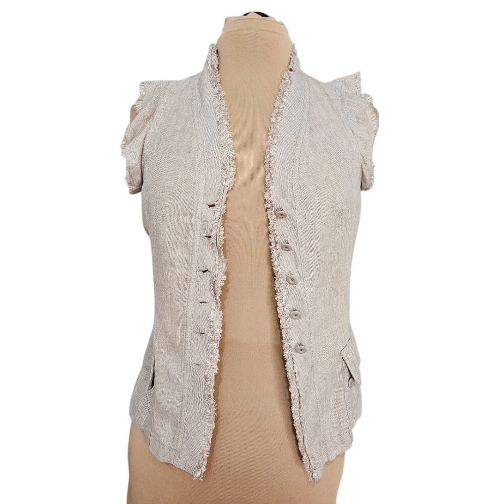 Philippe Adec Linen Vest Fringe Trim Button Front Size 8 Neutral Casual Summer